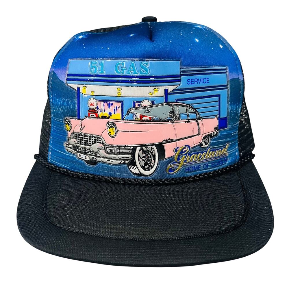 Vintage 90s Elvis Presley Graceland Trucker Hat Mesh Snapback Pink Cadillac Rare